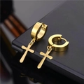 Boucles d'oreilles créoles dorées en acier inoxydable avec pendentif croix style hip-hop - Or
