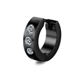 Polished black stainless steel hoop earring with three inlaid round clear zircon stones - Black