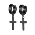 Detail view of black stainless steel hoop earrings featuring a cross pendant and matte finish - Matte Cross Hoop Style