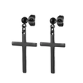 Close-up of black stainless steel cross drop earrings with matte finish and ball post - Glossy Black Cross Stud Style