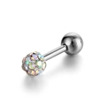 Detailed macro view of a stainless steel barbell stud with iridescent crystal ball - AB White