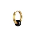 Detailed close-up of golden titanium steel hoop earring with a sleek black bead pendant - Gold Hoop with Black Bead