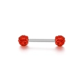 Makro-Detail eines Barbell-Piercings aus Edelstahl mit roten Shamballa-Kristallkugeln - 1.6*16*5/5 / Rot