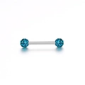 Makroaufnahme von Edelstahl-Piercing-Stab mit blau besetzten Strasssteinkugeln - 1.6*16*5/5 / Blaugrün