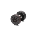 Macro detail of dark wood barbell stud earring featuring a carved maple leaf design - Black Maple Leaf