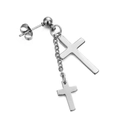 Polished stainless steel cross stud earring with tassel chain and dangling cross pendants - Double Cross