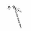 Detailed macro view of silver stainless steel cross earring with long curb chain - Floral Cross