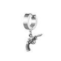 Punk style silver stainless steel hoop earring with a detailed revolver pistol pendant - Steel Color Pistol