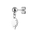 Macro detail of a silver stainless steel stud earring with a serrated leaf pendant - Leaf Dangle (Steel Color 19)