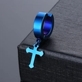 Pendiente de clip con cruz de acero de titanio azul con un diseño punk minimalista - Azul