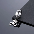 Macro view of silver punk non-piercing earring with skull crossbone pendant and polished finish - Steel Skull