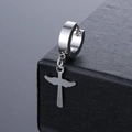 Schlanke Creolen aus Titanstahl mit Flügel-Kreuz-Anhänger für Damen und Herren - Drachenflügel-Kreuz-Stil (Stahlfarbe 1)