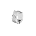 Detailed macro view of silver U-shaped stainless steel earring with inlaid zircon crystals - Silver