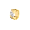 Close-up of gold wide U-shape huggie earring with white enamel and paved zircons - Gold