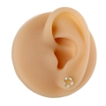 Detail of gold floral ear stud with marquise-cut cubic zirconia on a silicone model - Wreath Round Style (B1374) / Gold