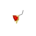 Macro detail of a 20G heart-shaped red zircon L-bar nose stud with gold wing design - Heart Wing Style (B1476) / Gold