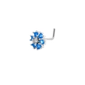 L-shaped nose stud with blue flower design and clear zircon center in silver finish - Blue Flower Style