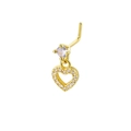 Close-up of golden L-shaped nose stud with zircon-encrusted dangling heart pendant - Gold Heart Style