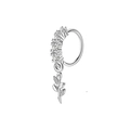 Silver nose hoop with white zircon stones and delicate leaf charm pendant - Leaf Style (Silver 11)