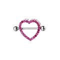 Detailed view of silver heart nipple shield ring with pink zircons and straight barbell - Silver Rose Red