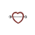 Silver 16G stainless steel nipple ring with red heart-shaped hollow frame and gemstones - Silver Red Zirconia