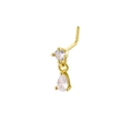 Detail of a golden L-shaped nose stud featuring a round gem and teardrop pendant - Gold Teardrop Style