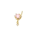 Detailed macro view of an L-shaped gold nose stud with heart pink gem and dangling charm - Pink Heart Dangle (Gold 3)