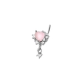 Detailed view of silver L-shaped nose stud with pink heart zircon and dangling crystal - Pink Heart Dangle (Silver 3)
