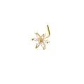 Detailed view of L-shaped gold nose stud featuring a sparkling zircon flower head design - Six-Petal Flower Style (Gold)