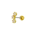 Detail view of gold stud earring with three vertical pink zircons and screw back ball closure - Triple Stone Row Style (C072) / Gold