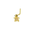 Detailed view of L-shaped gold turtle nose stud with pink crystals and black eye accents - Sea Turtle Style - Gold