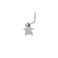 Detailed macro of turtle nose stud with pink crystals and L-shaped silver post - Sea Turtle Style - Silver
