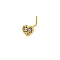 L-shaped gold nose stud featuring heart-shaped design with multicolor zircon inlay - Multi-color Heart Style - Gold