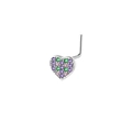 Detailed macro view of L-shaped nose stud with heart-shaped design and colorful stones - Multi-color Heart Style - Silver