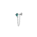 Orecchino a perno con catena minimalista in argento con zircone verde tondo a 4 griffe - Argento 4