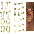 Set de pendientes dorados de estrellas y lunas con circonitas verdes para múltiples piercings - Conjunto Dorado