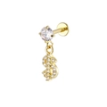 Gold labret stud with crystal top and sparkling dollar sign pendant for body piercing - Dollar Sign Style (Gold 20)