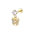 Golden internal thread stud with zircon butterfly charm and sparkling round crystal stone - Butterfly Style (Gold 3)