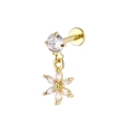 Gold labret stud featuring a sparkling zircon flower dangle and flat back design - Six-Petal Flower Style (Gold 4)