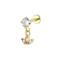 Gold labret stud with round zircon and crown pendant featuring marquise crystals - Crown Style (Gold 5)