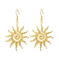 Golden stainless steel sun pendant earrings with spiral sunburst design on white background - Spiral Sun Design / Gold