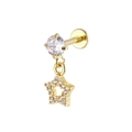 Golden lip stud with claw-set crystal and shimmering hollow star pendant detail - Five-Pointed Star Style (Gold 6)