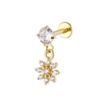 Golden labret stud with a snowflake pendant set with sparkling white cubic zirconia - Snowflake Style (Gold 7)