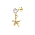 Macro view of gold starfish drop earring with sparkling zircon stones and round stud - Starfish Style (Gold 9)