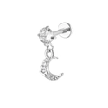 Silver stainless steel labret stud with crystal prong setting and crescent moon dangle - Moon Style (Silver 10)