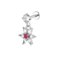 Stainless steel labret with a silver flower pendant set with white and red zircon - Red Heart Flower Style (Silver 11)