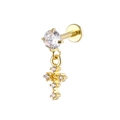 Golden stainless steel flat back stud featuring a round zircon and micro-pave cross charm - Cross Style (Gold 12)