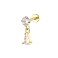 Macro detail of a gold labret stud with a round zircon and a teardrop pendant - Teardrop Style (Gold 14)