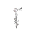 Macro detail of stainless steel lip stud featuring a zircon stone and leaf pendant - Branch Leaf Style (Silver 19)