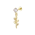 Gold stainless steel lip stud featuring a dangling leaf charm with clear cubic zirconia - Branch Leaf Style (Gold 19)